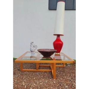 Modernist Square Coffee Table In Wood And Glass 1970s