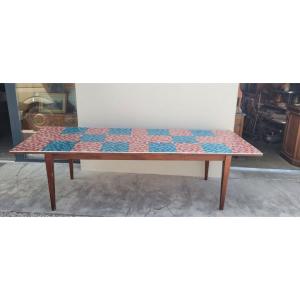 Magnificent Exceptional Antique Farm Table 1950, Top Covered With Mosaic 