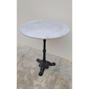 Parisian Bistro Pedestal Table In Cast Iron And Antique Marble With Decorated Legs 