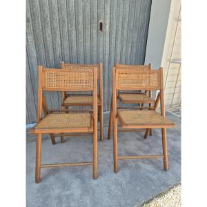 Magnificent Series Of 4 Vintage Folding Chairs Italian Design, In Beech And Original Cane.