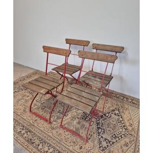 Elegant Series Of 4 Bistro Guinguette Or Even Brasserie Chairs, Old Manufacture