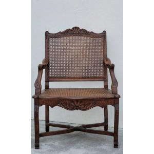 Louis XV Regency Cane Armchair Decorated Leather Armrests
