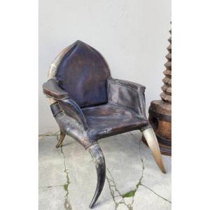 Ethnic Armchair In Buffalo Horn And Old Leather