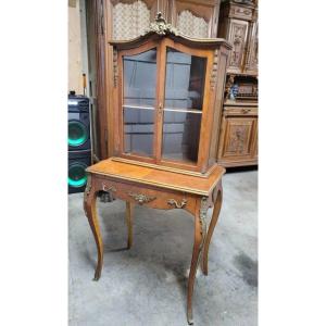 Bonheur Du Jour Louis XV Style Desk Display Case In Marquetry And Decorated Rosewood 