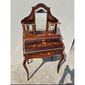 Bonheur Du Jour Louis XV Style Secretary In Rosewood Marquetry Decorated In Gilded Bronze 
