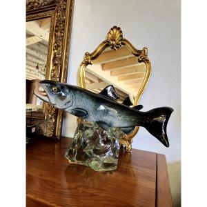Gangloff Raymond Trout Earthenware On Glass Base Signed