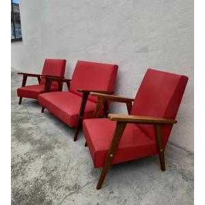 Vintage 1950s Children's Sofa And Two Armchairs With Compass Feet 