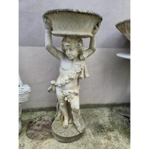Antique Reconstituted Stone Statue Planter Representing A Cherub 