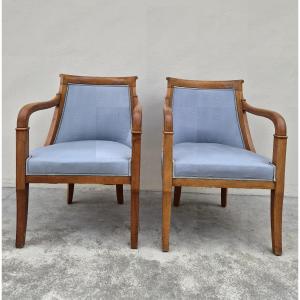 Pair Of Empire/restoration Style Armchairs In Solid Cherry Wood, 19th Century 