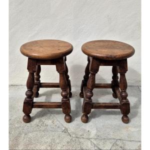Pair Of Rustic Stools In Old Solid Oak 