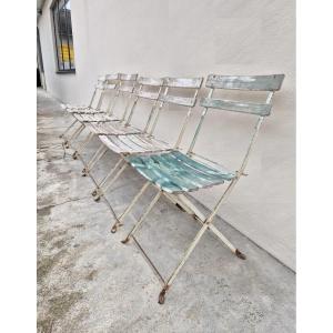 Set Of 6 Antique 1950s Bistro Guinguette Slatted Chairs 