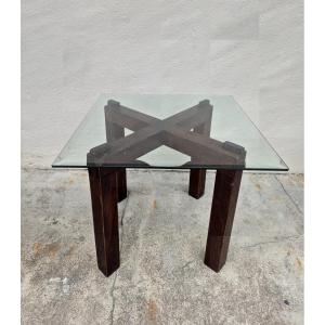 Vintage Minimalist Glass And Wood Coffee Table 1970s
