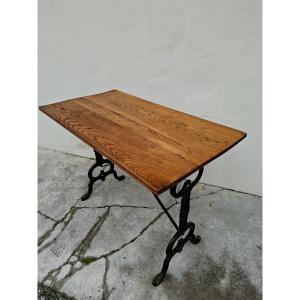 Solid Oak Bistro Table With Cast Iron Base, Signed