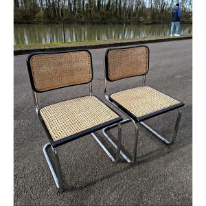Pair Of Marcel Breuer B32 Model Cane Chairs, Made In Italy 