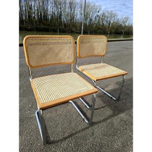 Pair Of Marcel Breuer B32 Model Chairs In Original Caning, Made In Italy 