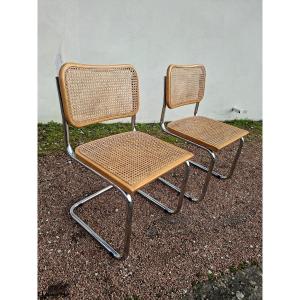 Pair Of Marcel Breuer B32 Model Cane Chairs, Made In Italy 
