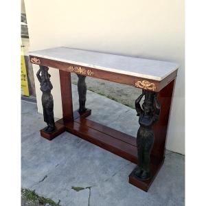 Empire Period Console Table With Caryatids In Solid Mahogany And Marble 