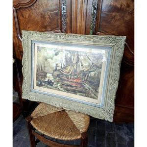 Paul Henry Lafon, Painting Of A Boat In The Harbor, Mixed Media On Paper, Signed 