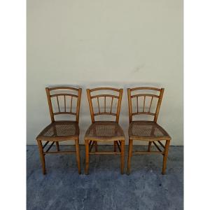 Set Of 3 1930s Cane Guinguette Bistro Chairs