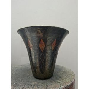 Claudius Linossier Rare Art Deco Hammered Copper Vase In Dinanterie Signed