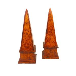 Pair Of Elm Burl Veneer Obelisks