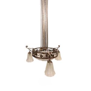 Large Wrought Iron And Glass Pendant Light By Degué, Art Deco Period