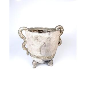 Large Tripod Raku Vase Or Planter With Two Handles By François Belliard