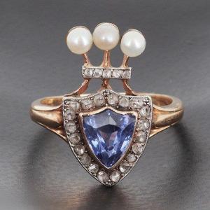 Duchess Ring In 750‰ Yellow Gold Ceylon Sapphire And Diamonds (lfg Certificate)