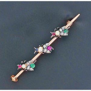 Bestiary Brooch In 750‰ Rose Gold And Silver Presenting 3 Insects - B10364