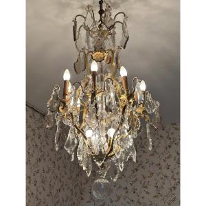 Large Chandelier With 8 Branches In Gilt Bronze And Louis XVI Style Crystals,
