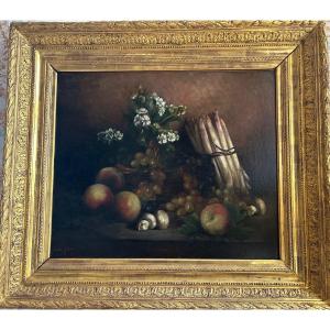 Still Life With A Bouquet Of Asparagus. Oil On Canvas Signed Louis Gibert
