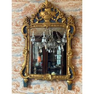 Louis XV Period Mirror In Carved Gilded And Blue Painted Wood