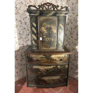 Rare Painted Wooden Furniture, Swiss Cabinet With Two Bodies From The 18th Century