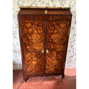 Louis XV Period Armoire, Called Musician's Armoire, Marquetry Of Bouquets Of Flowers And Scrolls