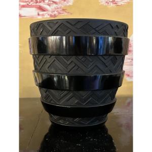 Black Art Deco Vase In Pressed Molded Glass, Signed Césari 