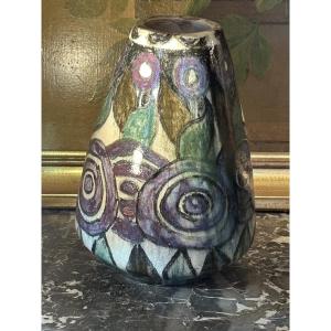 Art Deco Period Ceramic Vase With Stylized Rose Motifs 