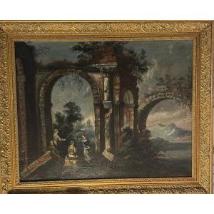 Oil On Canvas, Animated Roman Ruins, "capriccio" 18th Century Period.