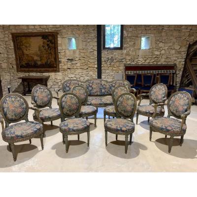 Living Room 4 Armchairs, 4 Chairs, 1 Sofa, Turin 18th Sc.