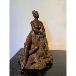 Olive Wood Sculpture, Woman With Her Dog.