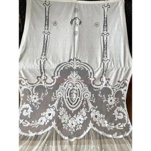 Window Panel - Cornely Appliques And Embroidery - Fine Cotton - Mechanical Tulle - Circa 1900