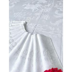 Large Table Service - Damask Linen - Hunting Theme - 12 Place Settings - Marked Jb - 19th Cent.