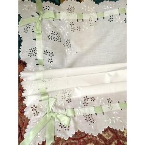 Antique Cradle Cover - Scalloped Edges, Water Green Ribbon, Fine Embroidery - 20th Century