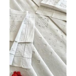 Bedding Set - Hand Embroidered Linen - Sheet And Pair Of Pillowcases Numbered Js - Antique Linen From The Early 20th Century