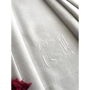 Linen Sheet - Cm Monogram Decorated With Hand-embroidered Strands And Dots - Antique Bed Linen