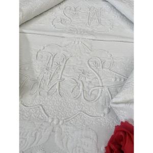 Quilted Blanket - Ms Initials And Festoon Hand-embroidered On Each Side - Provence - Late 19th Century