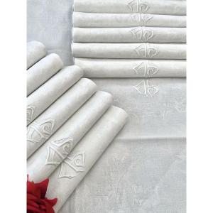 Set Of 12 Napkins - Hunting Scenes On Damask Linen - Pheasants, Partridges, Kids 
