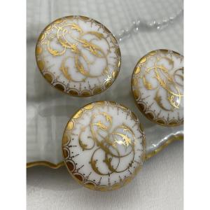 Three White Porcelain Lapel Buttons - Initials Gilded With Fine Gold - Late 19th Century