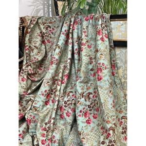 Large Printed Cotton Fabric Panel - Door Curtain - Roses On A Rocaille Background - Late 19th Century