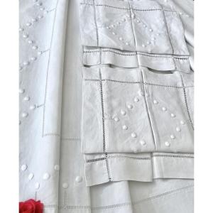 Large Linen Sheet With Two Pillowcases - White Embroidery Jours échelle - Antique Linen