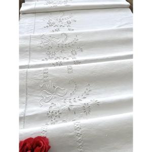 Uncut Linen Sheet - Flowers Hand-embroidered Ribbons And Days With Drawn Threads - Antique Linens